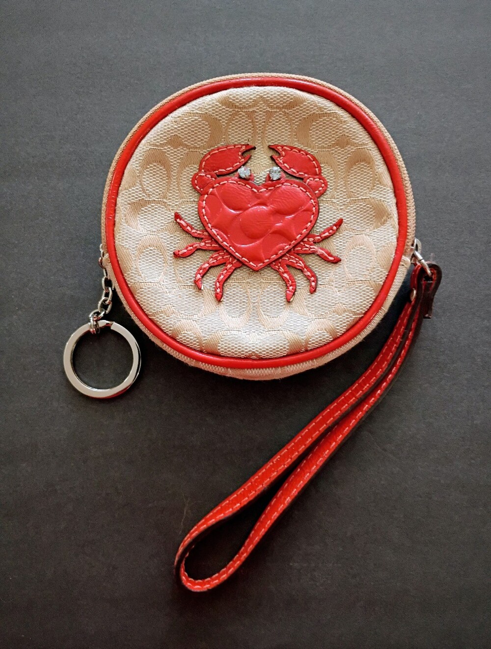 Coach Y2K Sig Cream Signature Crab Wristlet with Red Trim F60991